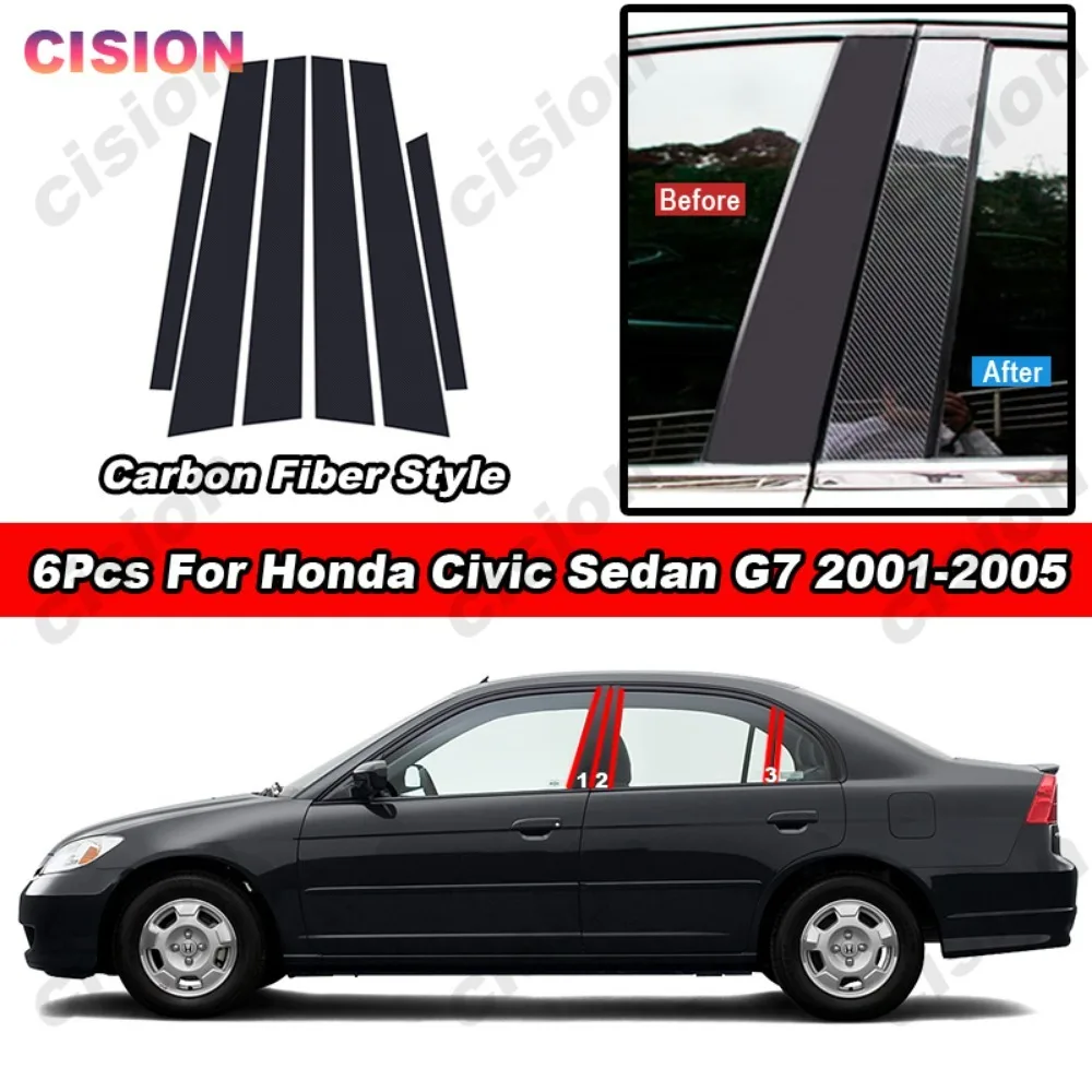 Carbon Fiber Chrome Black Car Door Window Center Middle Column B C Pillar Post Mirror Effect Cover Trim For Honda Civic Sedan G7