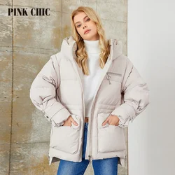 PINK CHIC 2023 New Winter Coat Women Down Jackets High Quality Dark Warm Lace up Hooded short version Parka Female W6651