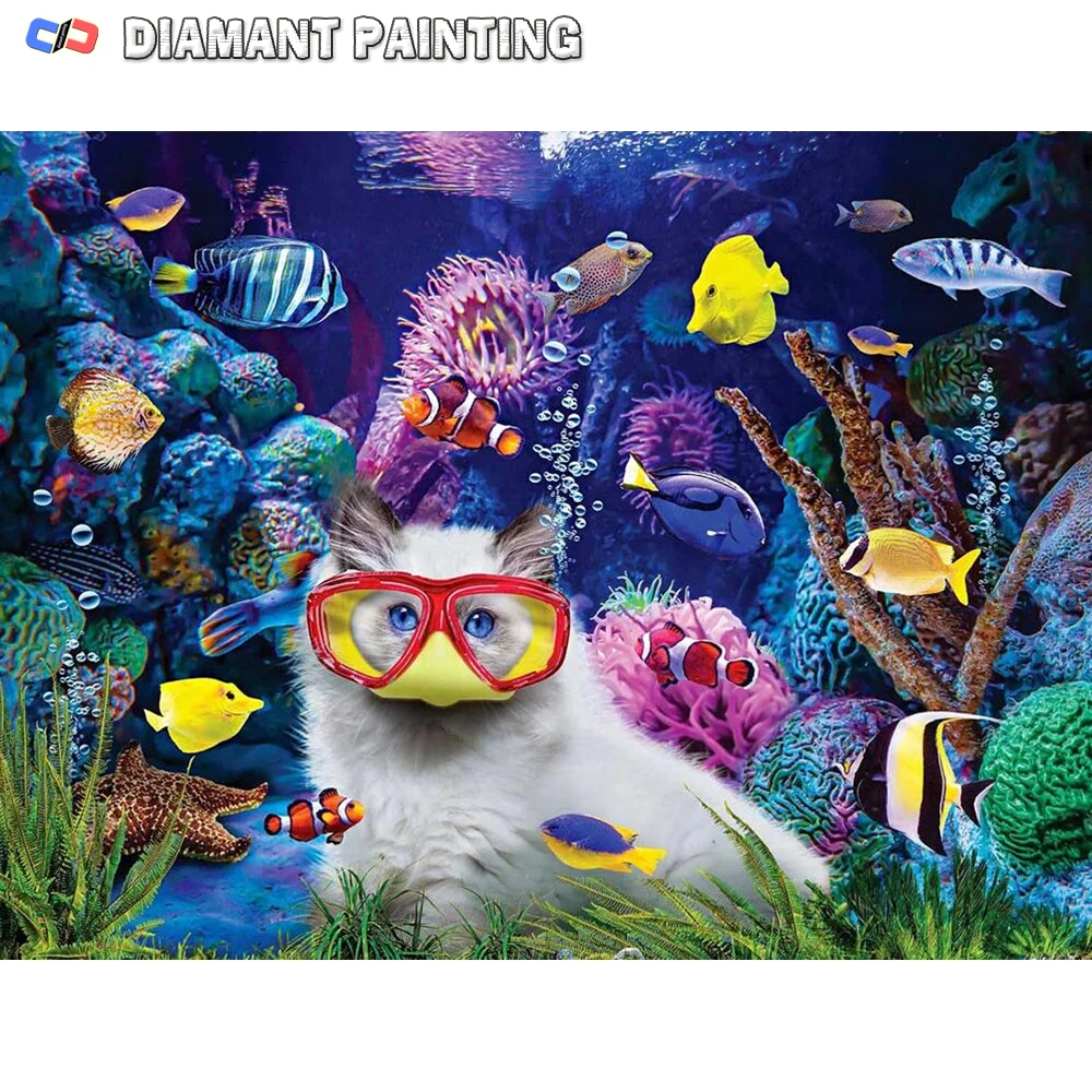 Diamond Embroidery Cat Fish Picture Rhinestones Diamond Painting Animal Ocean 5D New Arrival underwater world Mosaic Wall Decor