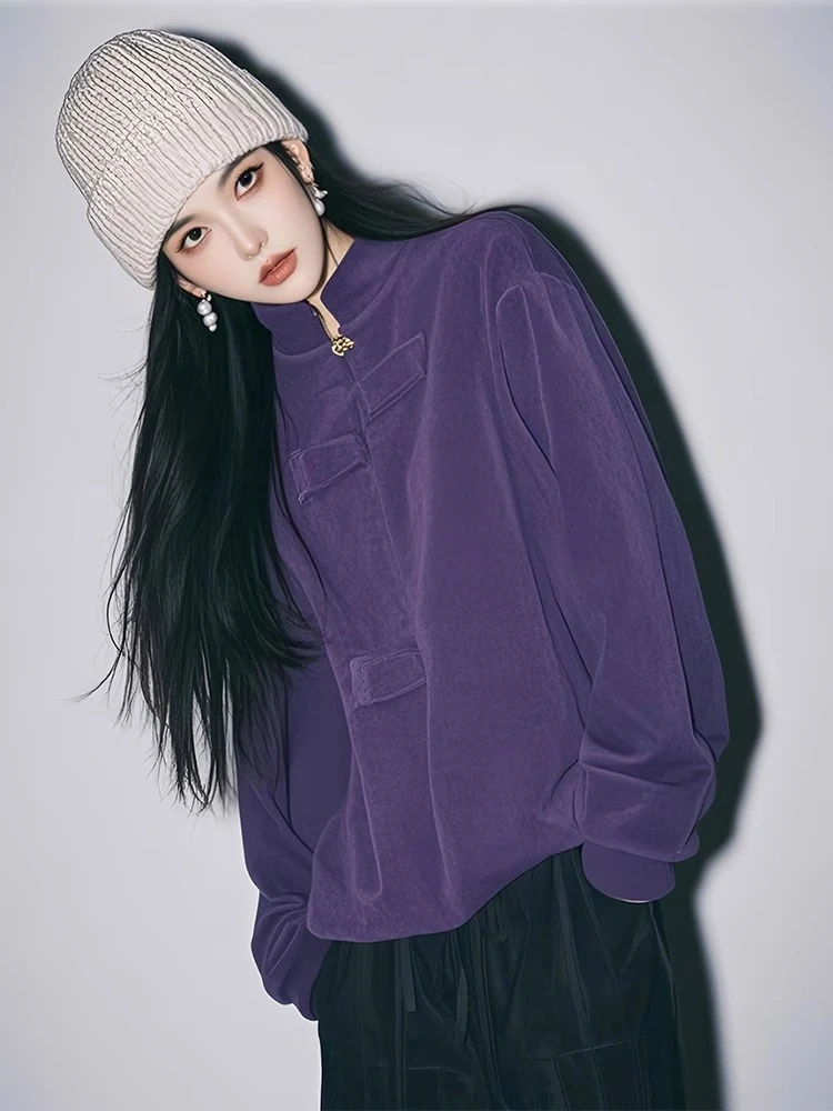 

Вельветовый свитшот с длинными рукавами для женщин, свободный крой, повседневный стиль, зимняя новинка, фиолетовый цвет, корейская версия, для поездок на работу