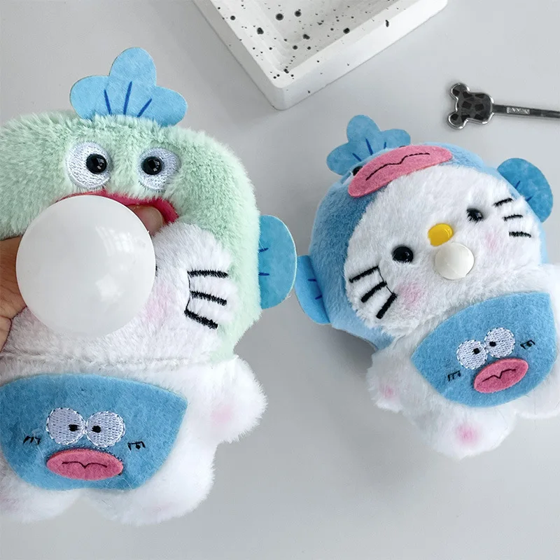 

Cute Hangyodon Hood Kitty Cat Plush Doll Squeaking Spitting Bubbles HelloKittys Plush Toys Stuffed Keychain Bag Pendant Gift