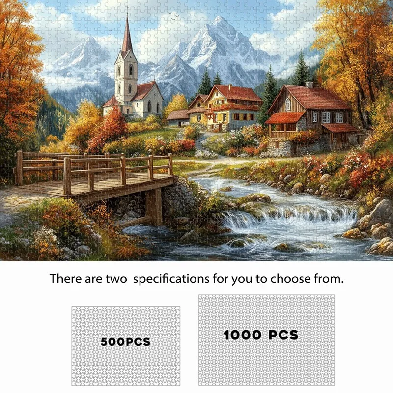 

500/1000pcs Mountain Forest Puzzle Suitable for s & Families - Challenging Scenery with Cabins, Streams & -Capped Mountains, P