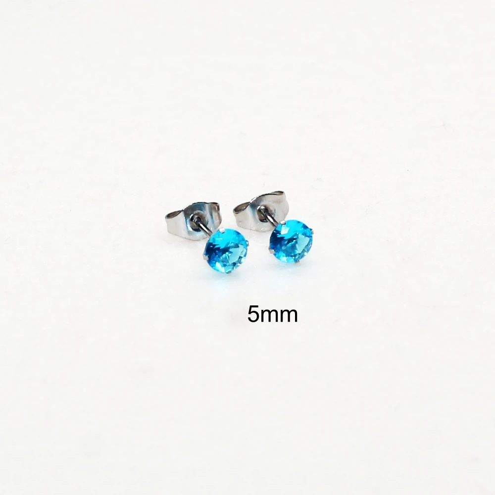 Stainless Steel Stud Earrings With Ocean Blue Zircons Classical Style From 3mm to 8mm No Fade Allergy Free Quality Jewelry