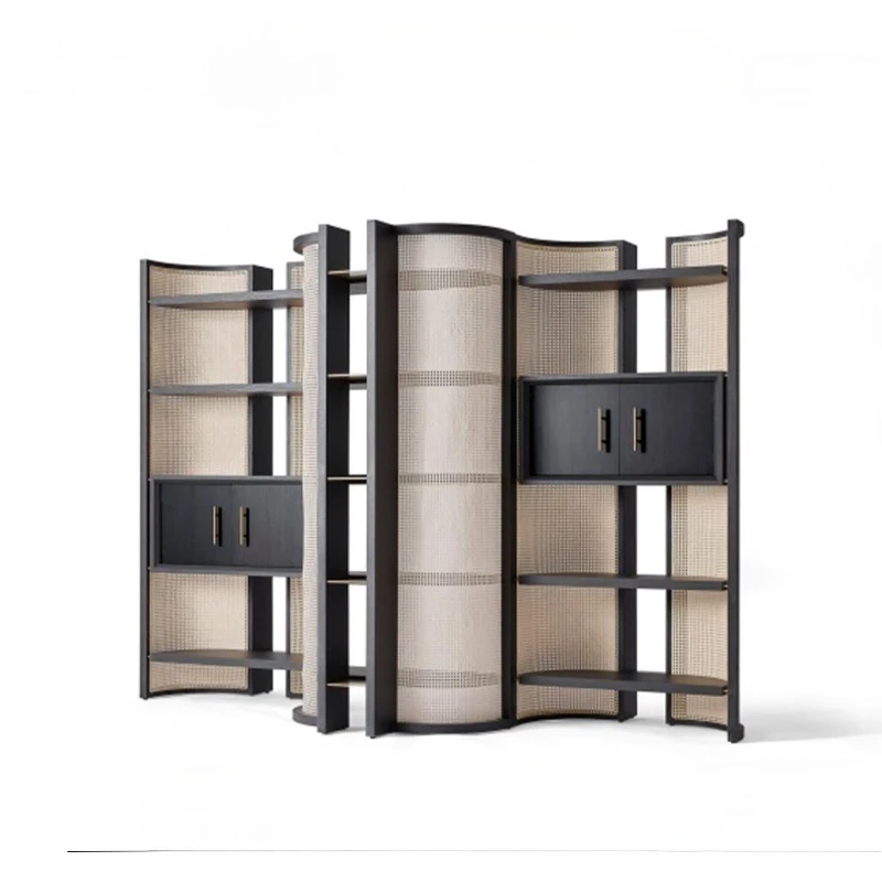

Light luxury rattan bookshelf living room floor-to-ceiling modern high-end creative screen wabi-sabi wind combination solid