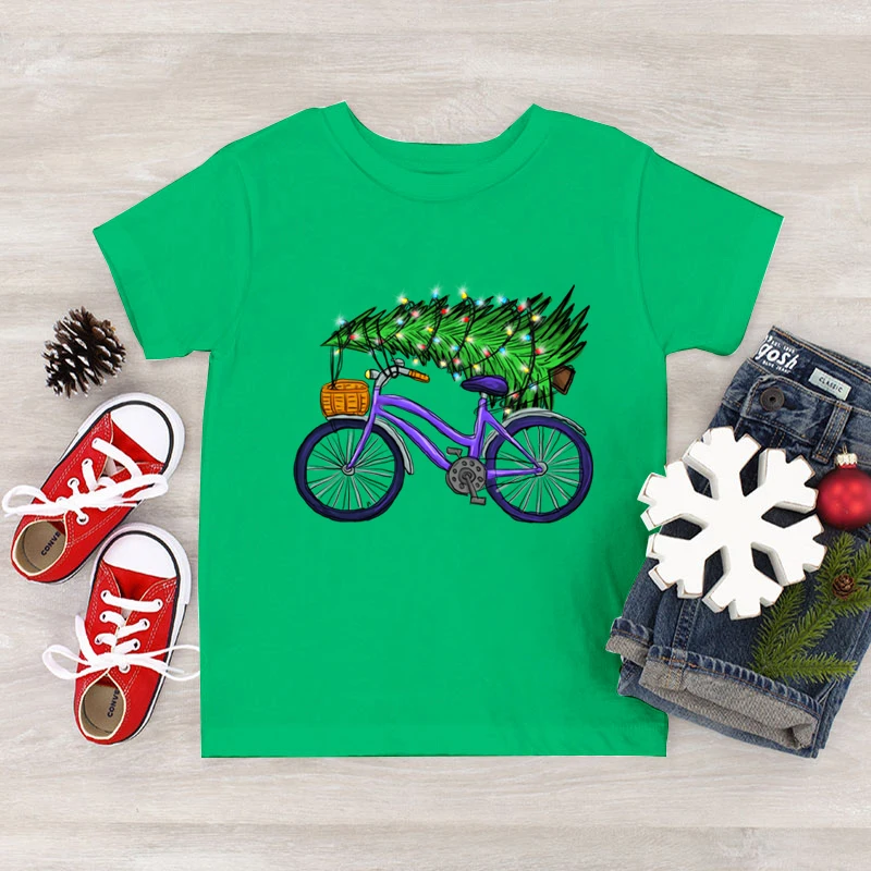 New Boys Girls Christmas Tree and Bicycle Print T Shirts Fashion Casual Short Sleeve Graphic Tees 2025 New Year Xmas Gift Tshirt