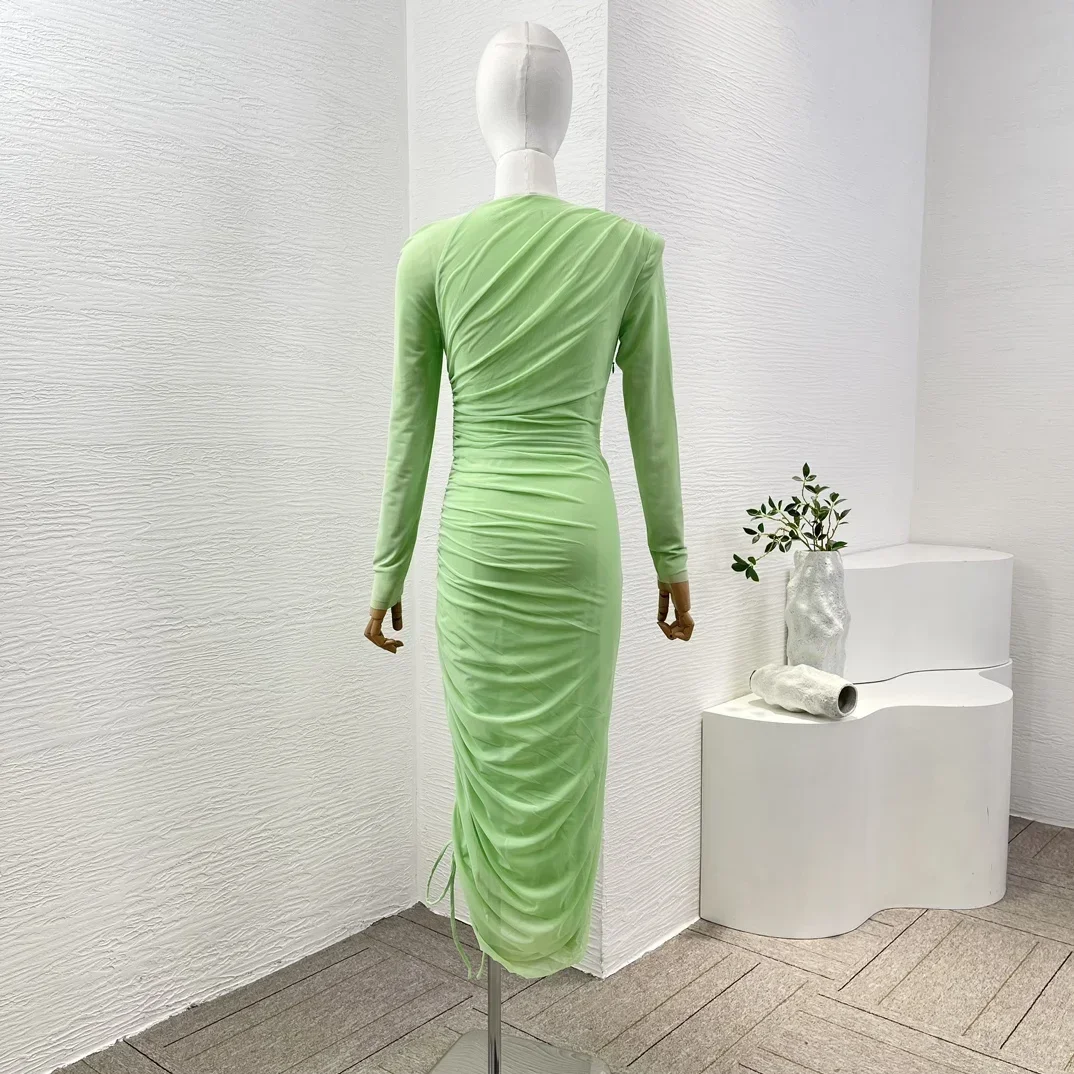 Women's Green Shirring Waist Drawstring Full Sleeve Irregular Collar Ruched Slim Fit High Quality Elegant Midi Dress