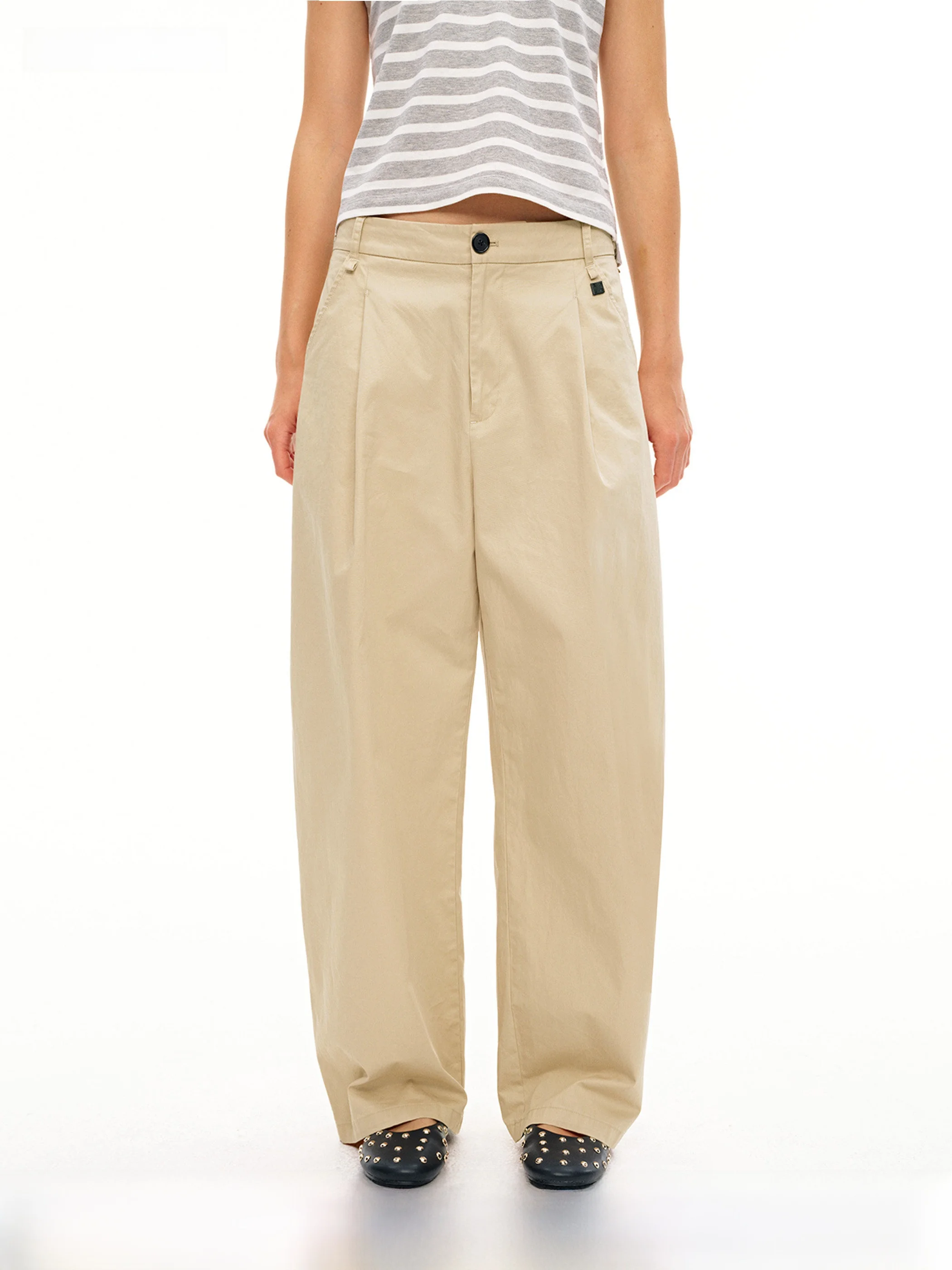 

AHNKANK Spring New Sle Retro Khaki Wide Leg Straight Casual Pants Loose Slimming Long Trousers for Women Button Decor Cotton