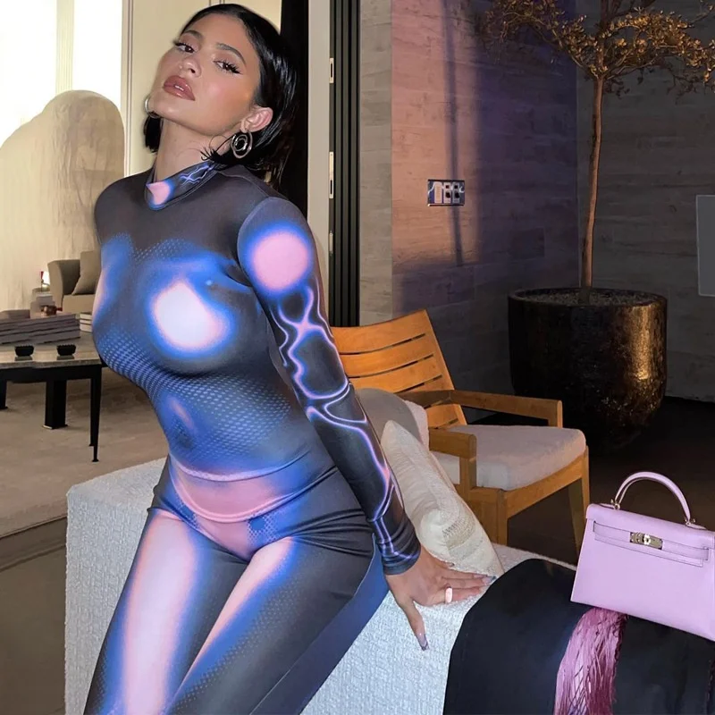 

Sexy Printed Long Sve Yoga Jumpsuit Sports Slim Fit Pants Polyester Fabric mid Waist Long Trousers Women's Faion