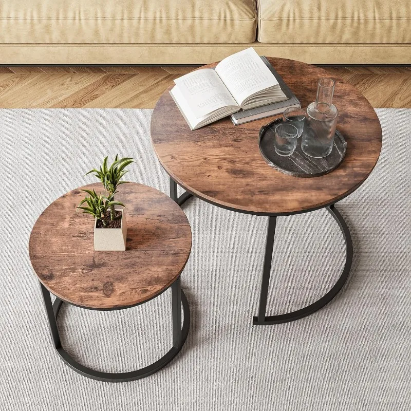 Round Coffee Table Set of 2 for Living Room, Nesting Tables Metal Frame/Wood,Sturdy/Easy Assembly,Stacking Side Tables Bedroom