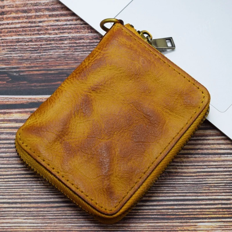 Yao Dong-cartera Vintage de cuero genuino con cremallera para hombre, monedero corto, tarjeteros multifunción, billetera de dinero de lujo para hombre