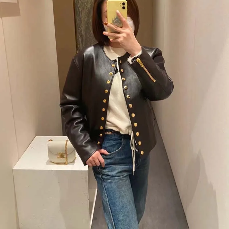 2023 New Fashion Women Coat Spring Real Sheepskin Single Breasted Gold Button O-Neck Collar Genuine Leather Jacket Casual Style