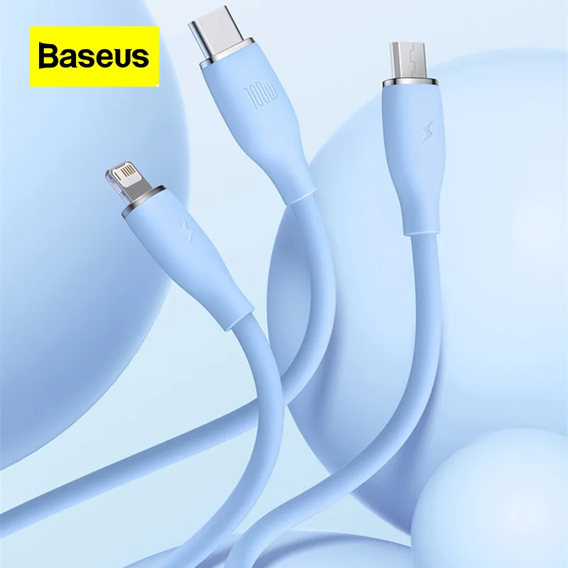 Baseus New 100W Three In One Data Cable for Android Car Typec Liquid Silicone Fast Charging Multifunctional USB 6A Data Cables