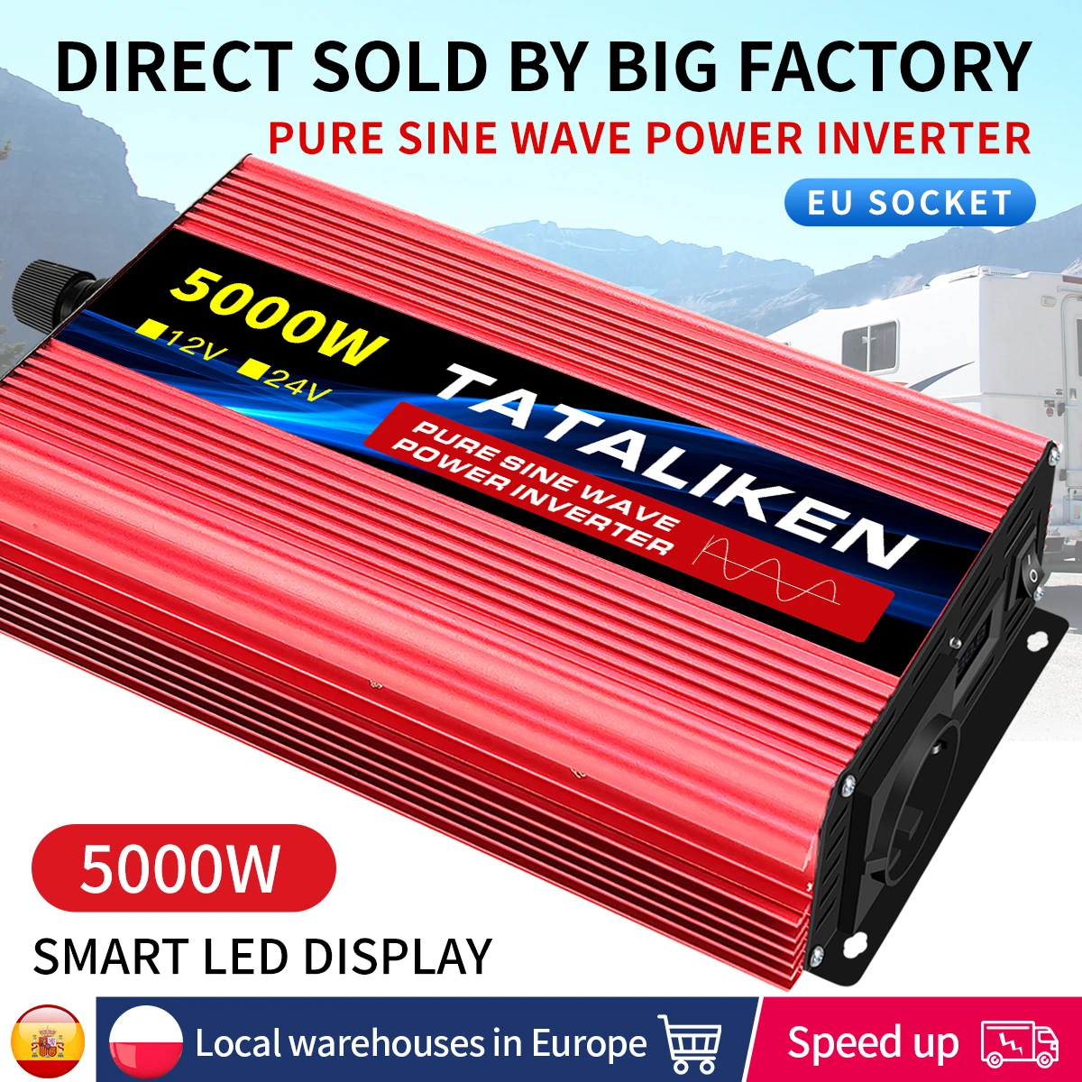 5000W Power Inverter 12V to 220V 230V 50HZ AC Pure Sine Wave Inverter Car Inverter with EU Sockets Car Adapter