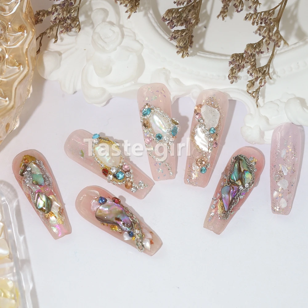 1กล่องเล็บธรรมชาติ Shell Fragments Flakes Glitter 3D ตกแต่งเล็บ Rhinestone เล็บ Pearl Shell Slice หิน