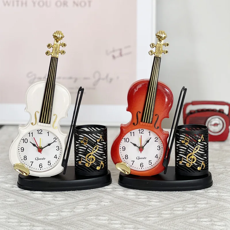 

Musical Violin Alarm Clock - Creative Desk Organizer with Pen Holder,Unique Silent Quartz Clock for Home&Office for Music Lovers
