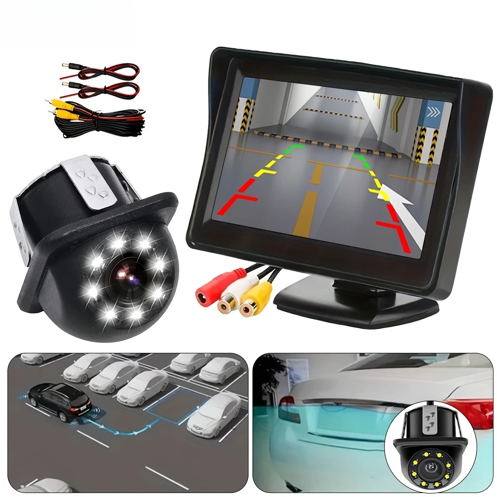 A Set That Includes a 4.3-Inch High-Definition Car Display And a Reversing Camera with 8 LED Lights,Suitable for Cars, Suvs, Rvs