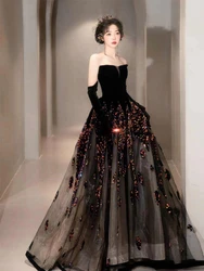 Black Strapless Luxury Celebrity Dresses Sleeveless Velvet Sequins A-Line Exquisite Formal Evening Host Party Prom Gowns