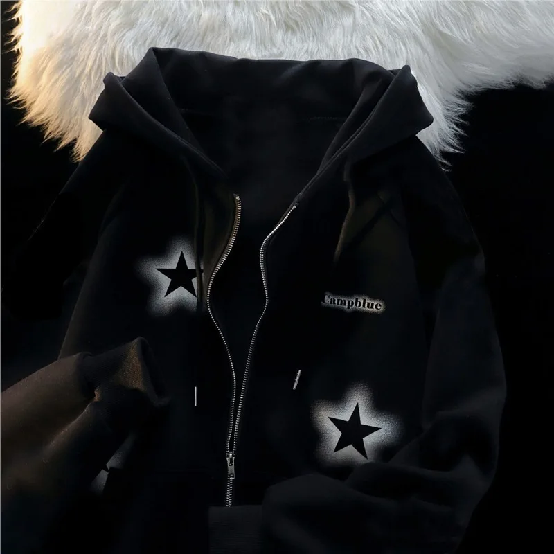 뉴 레트로 그래피티 스타 프린트 후드 지퍼 코트 컬렉션 봄 가을 캐주얼 패션 트렌드 다용도 레이지 윈드