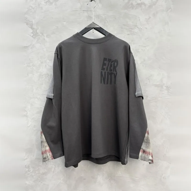 HKSH Spring Autumn New Men Tide Chic Ins Punk Distressed Color Contrast Long-Sleeved T-shirt Vintage Trendy Fashion Tees HK28098