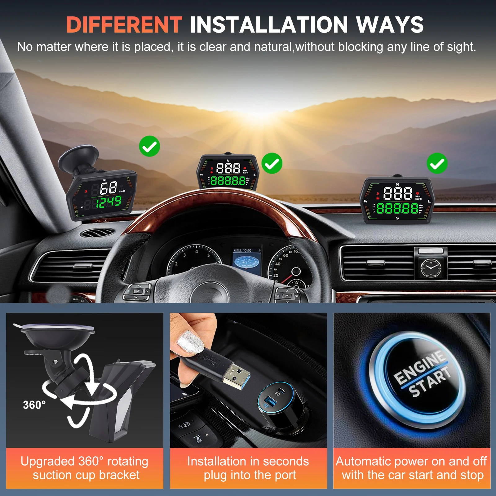 

HUD G21 GPS-дисплей на лобовое стекло автомобиля, цифровой спидометр с крупным шрифтом, компас, часы, предупреждение о превышении скорости, для всех автомобилей, электронные аксессуары