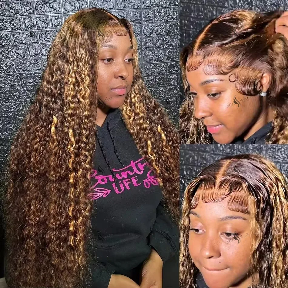 250 Densidad 4/27 Resaltado Onda de agua Pelucas de cabello humano con frente de encaje 13x6 HD Pelucas de cabello humano con frente de encaje 30 36 pulgadas Pelucas con ondas de agua