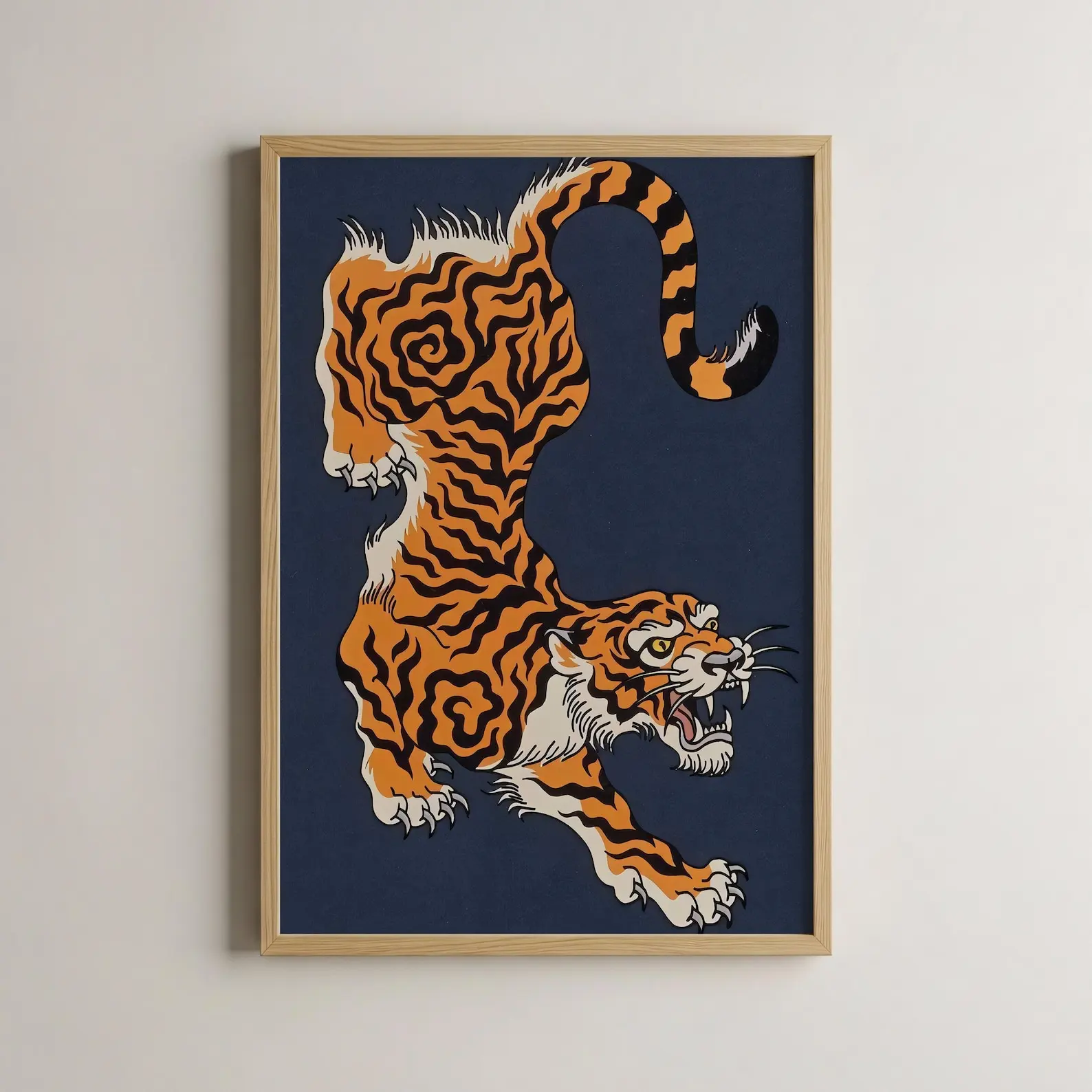 Retro japanischer Tiger-Leinwand-Kunstdruck, rahmenloses traditionelles asiatisches Tier-Wandposter, ästhetisches minimalistisches Poster für die Inneneinrichtung