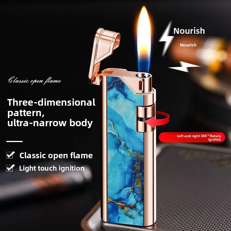 

New Gas Lighter Metal Side Sliding Open Flame Inflatable Lighter Electronic Ignition Ultra Narrow Inflatable Lighter Men's Gift
