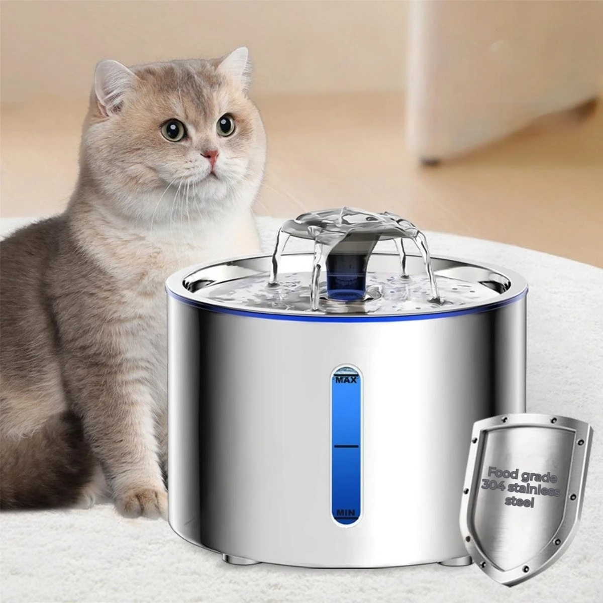 

84oz/2.5L Stainless Steel Automatic Cat Water Fountain with LED Light Non-slip Dog Water Dispenser Plastic Bowl Bottle Shape