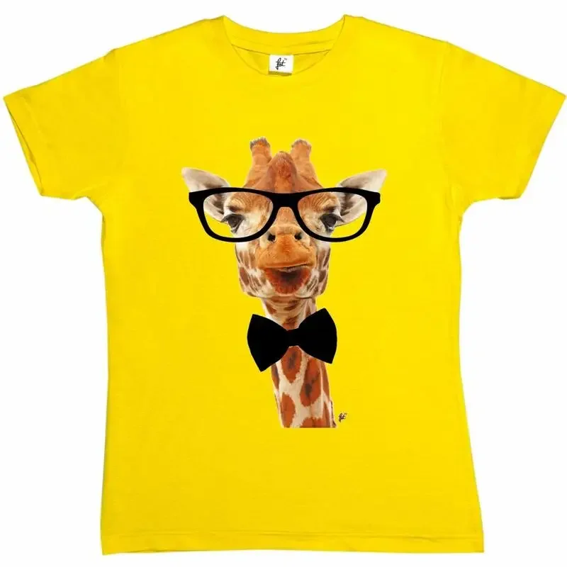 Long Neck Giraffe Wears Hipster Glasses Bow Tie Womens Boyfriend Fit T Shirt