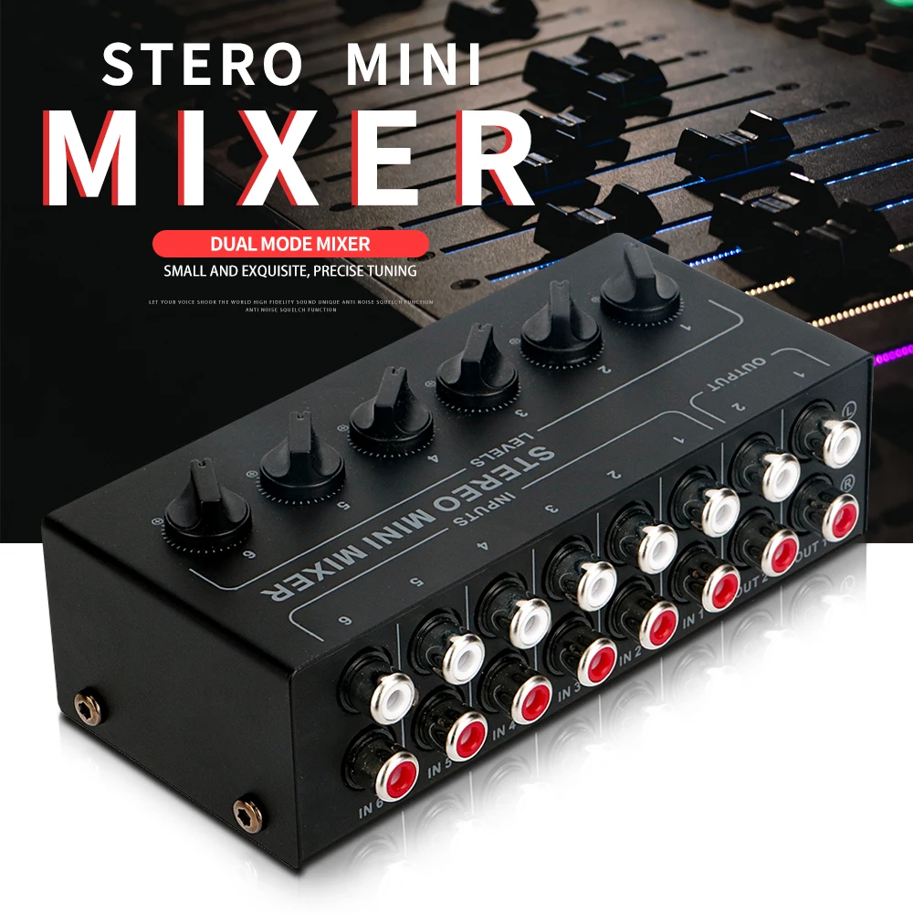 4 6 Channels Passive Stereo Mixer Mini Audio Mixer Portable Sound Mixer RCA Input Ultra Low Noise for Live Studio Recording