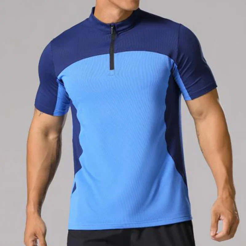Men Tennis Golf Ice Silk T-shirt Fitness Athletic Tights Gym Muscle Fit Shirt Half Zip Colour Block Short Sleeve Tee Sport Wear