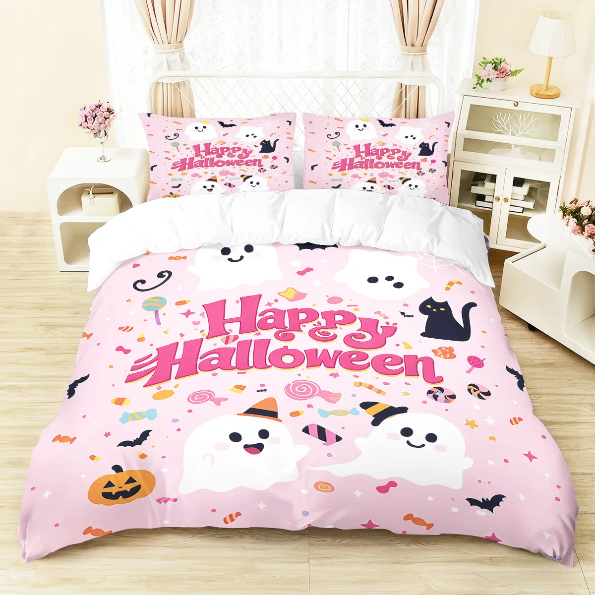 

3pcs Pink Bedding Set Happy Halloween Ghost Print Cozy Soft Duvet Cover King Queen Twin Size Birthday Gift Adult Bedroom Decor