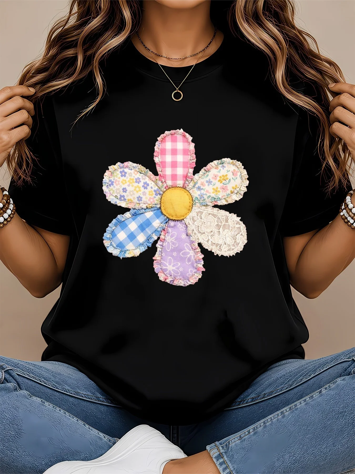 Faux Patchwork Flower T Shirt Floral Faux Quilted Graphic Print Only Not A Patch Vintage Daisy Women's T Shirt Cottagecore Femme