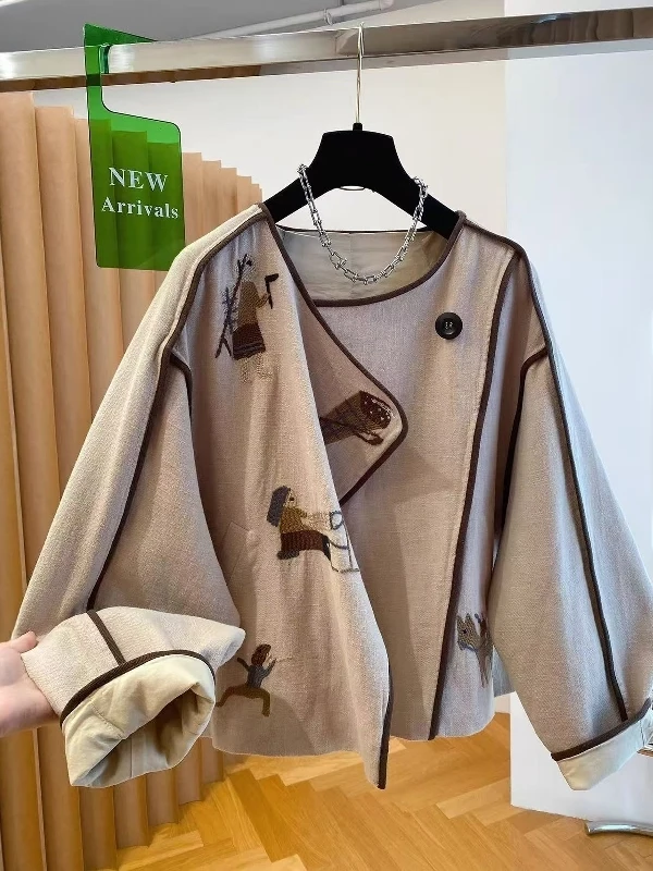 

Корейско-японский повседневный свободный женский топ из дышащего льняного полотна с вышивкой, без бренда, уникальный дизайн, осенний сезон