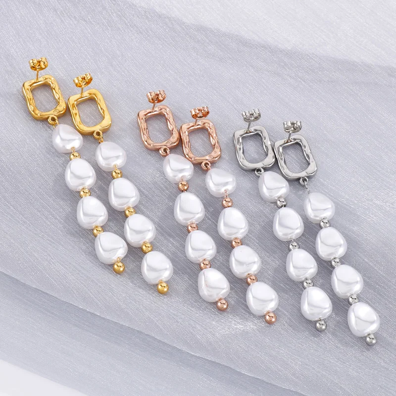 

French Imitation Pearl Dangle Earrings For Women Gold Silver Rose-gold Color Stainless Steel Ear Studs Luxury Jewelry Gift Mujer