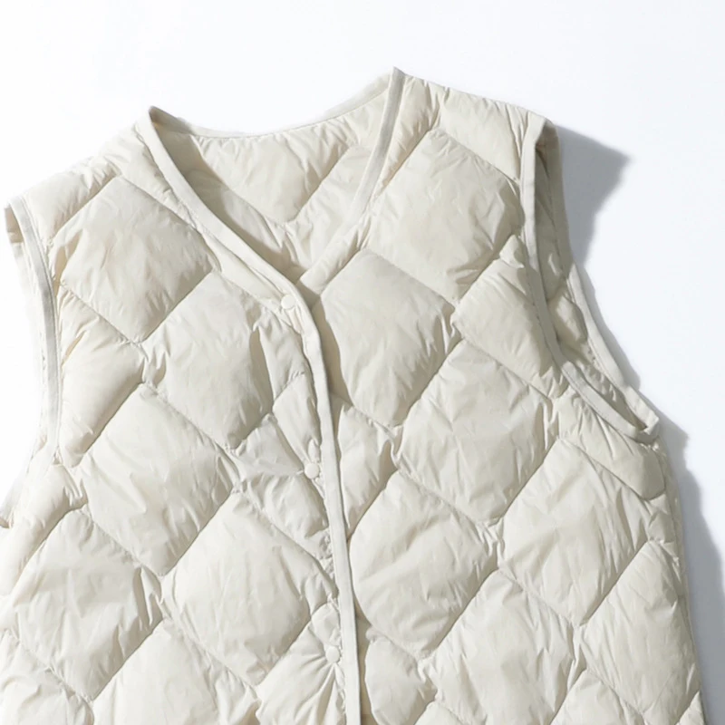 Colete longo ultraleve de pato feminino, jaqueta branca sem mangas, gola em v, argyle, moda outono, inverno, top, escola, novo, 2023
