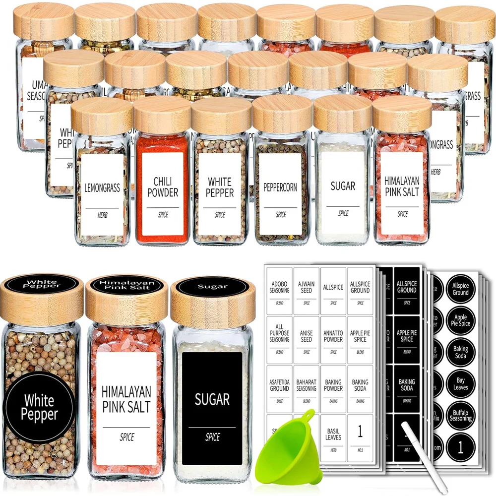 12 Pcs Spice Jars with Labels and Bamboo Lids, 4oz Empty Square Spice Bottles with Shaker Lids, Collapsible Funnel, Chalk Pen