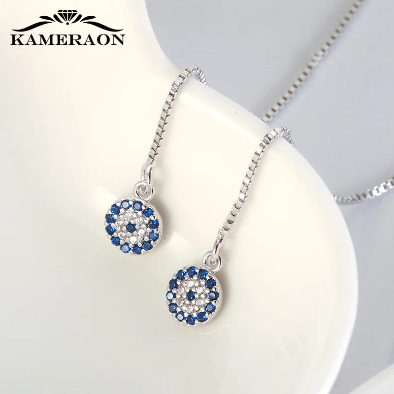 KAMERAON Long Chain Blue Evil Eyes Pendant Earrings 100% 925 Sterling Silver Cubic Zircon Tassel perforation Women Jewelry E0922