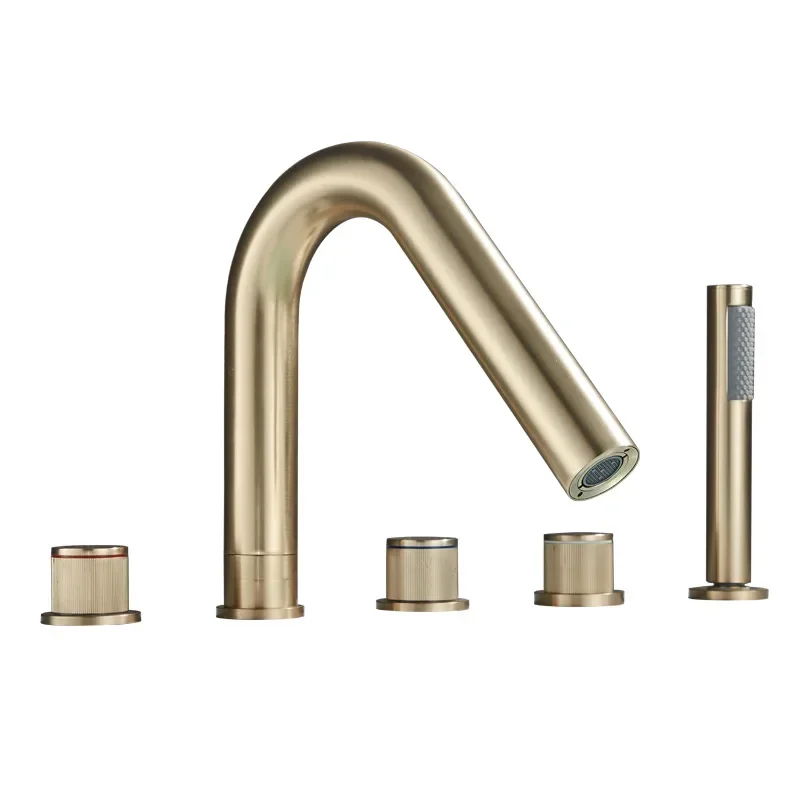 

All-copper gun gray light luxury brushed gold bathtub faucet cylinder edge embedded hot and cold five-hole sitting shower