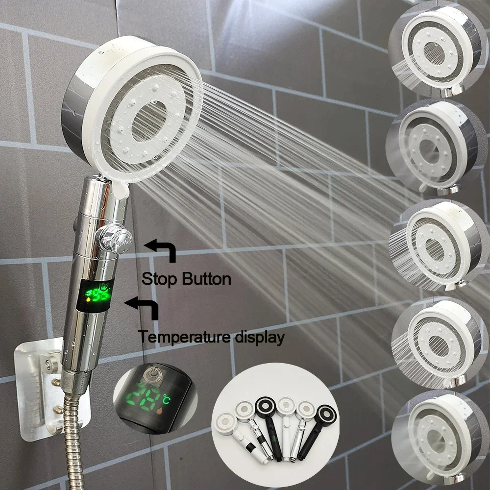 Big Panel Digital Temperature Display Shower Head Silver 5 Modes High Pressure Large Flow Rain Shower Faucet Bathroom Accessorie