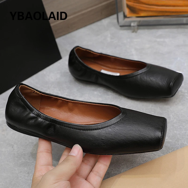 

Genuine Leather Solid Color Loafers Women Single Shoes Retro Square Toe Shallow Slip on Flats Heel Cozy Women Casual Boat Shoes