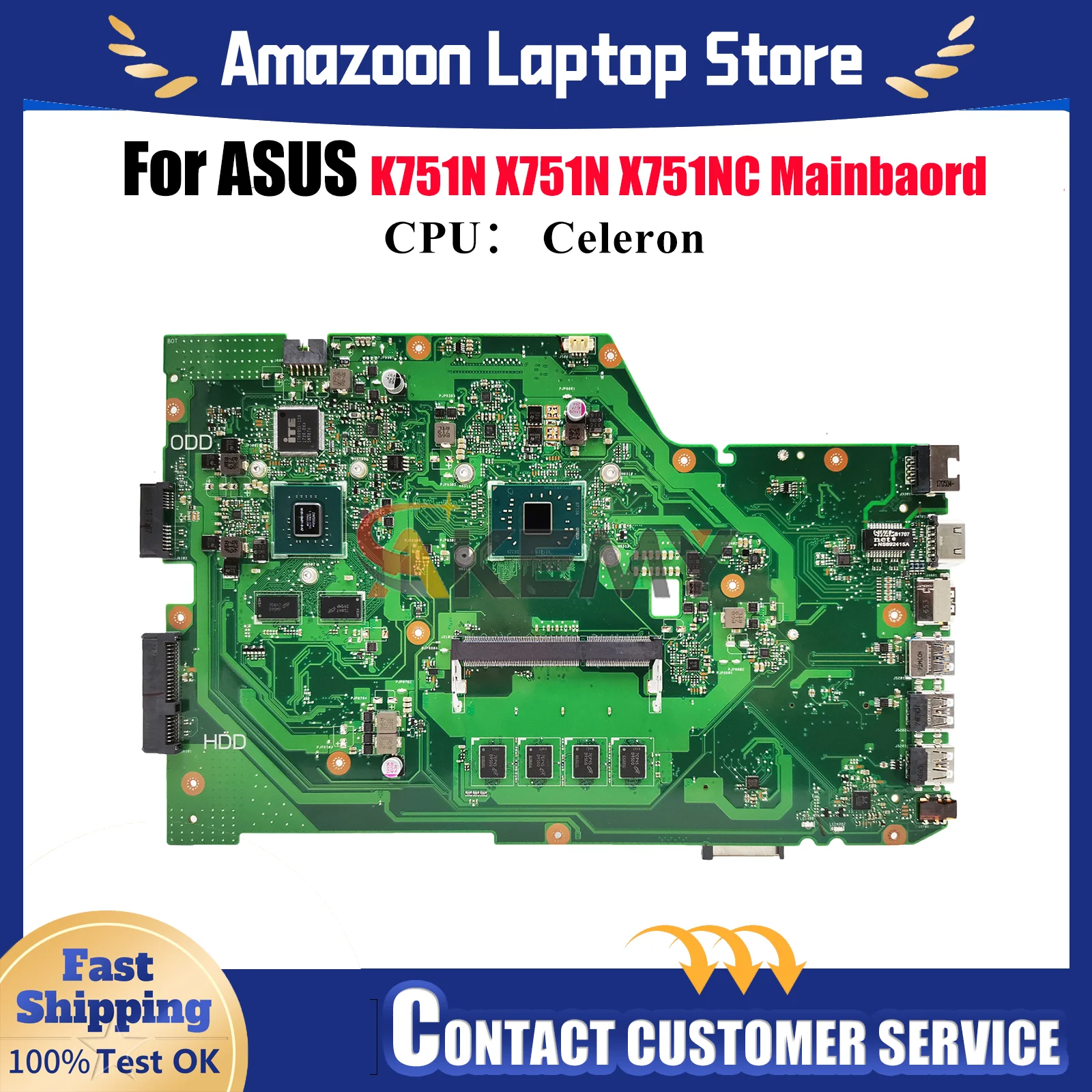 

X751NV Laptop Motherboard For ASUS VivoBook K751N X751NC X751NV X751N X751NA Notebook Mainboard With Celeron CPU 106% tests OK