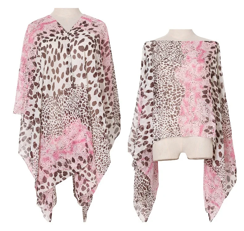 

Summer Women Sunscreen Shawl Leopard Print Imitation Silk Scarf Shawl Pearl Buckle Cloak Lady Poncho Capes Pink