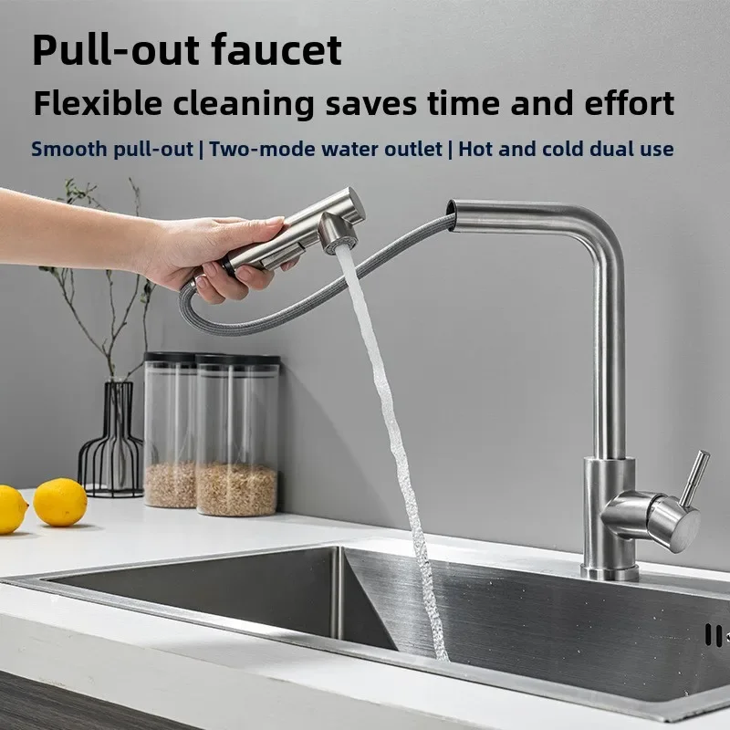 Stainless Steel Sink Pull Out Faucet Splash-proof Flexible 2 Modes Stream & Sprayer Nozzle Wash Basin Hot Cold Wate Mixer Tap