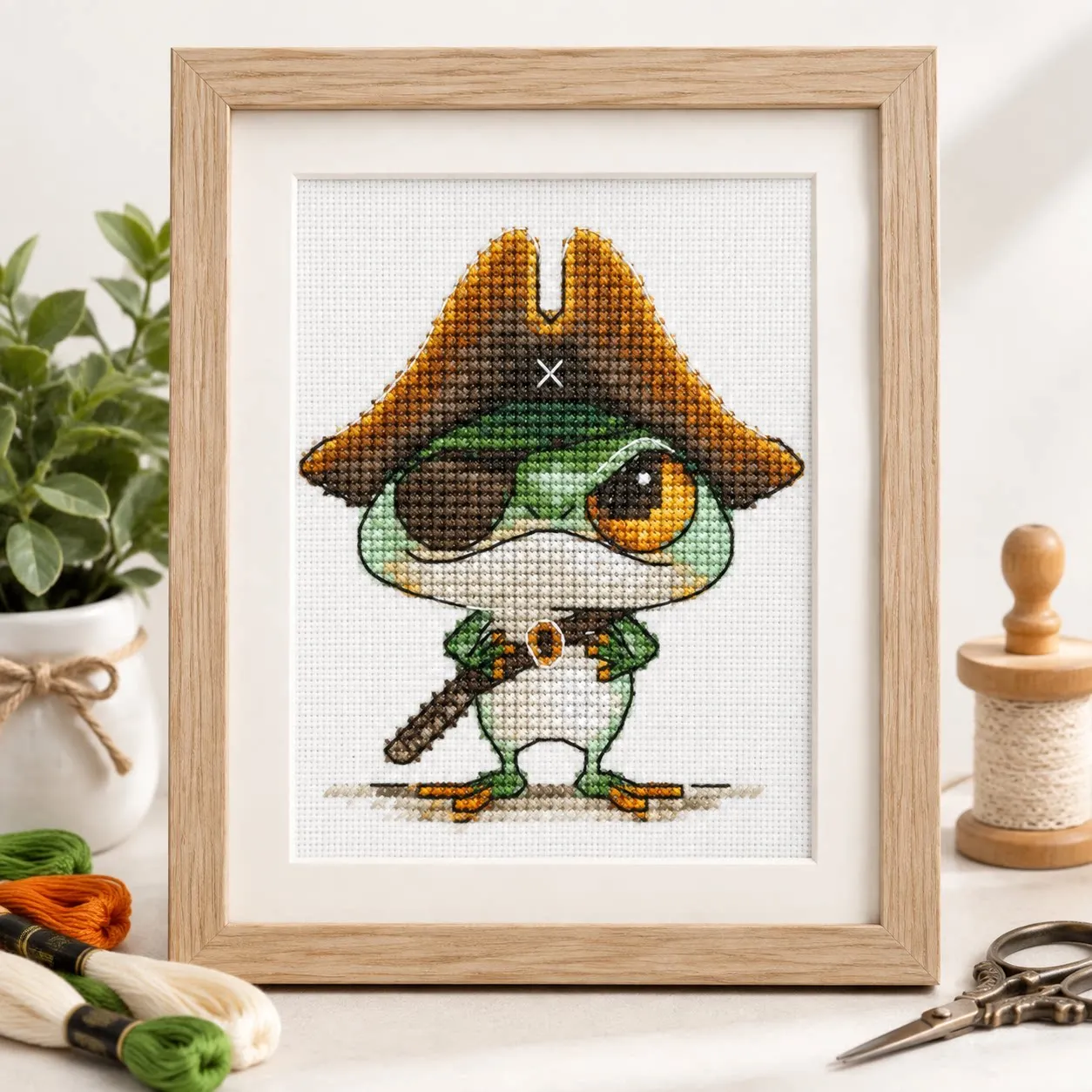 [CC6404 - Frog Pirate]Beginner DIY Stamped Cross Stitch Kit 11CT 14CT 16CT Pre Printed Canvas Cotton Thread Needlework Set