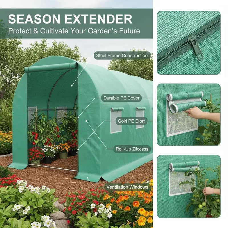 15' x 7' x 6,5' begehbares Tunnelgewächshaus, Gewächshaus für den Außenbereich mit PE-Abdeckung, Stahlrahmen, aufrollbare Reißverschlusstür & Fenster für Blumen, Gemüse, tropische Pflanzen, Grün