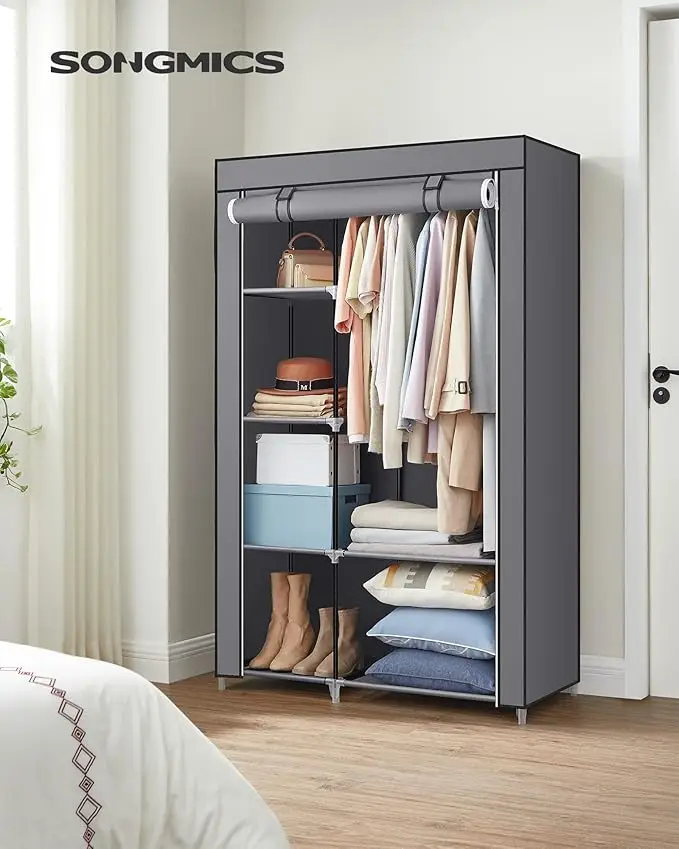 SONGMICS Fabric Wardrobe, Clothes Storage Organiser, 6 Shelves, 1 Hanging Rail, Metal Frame, for Bedroom, Dressing Room