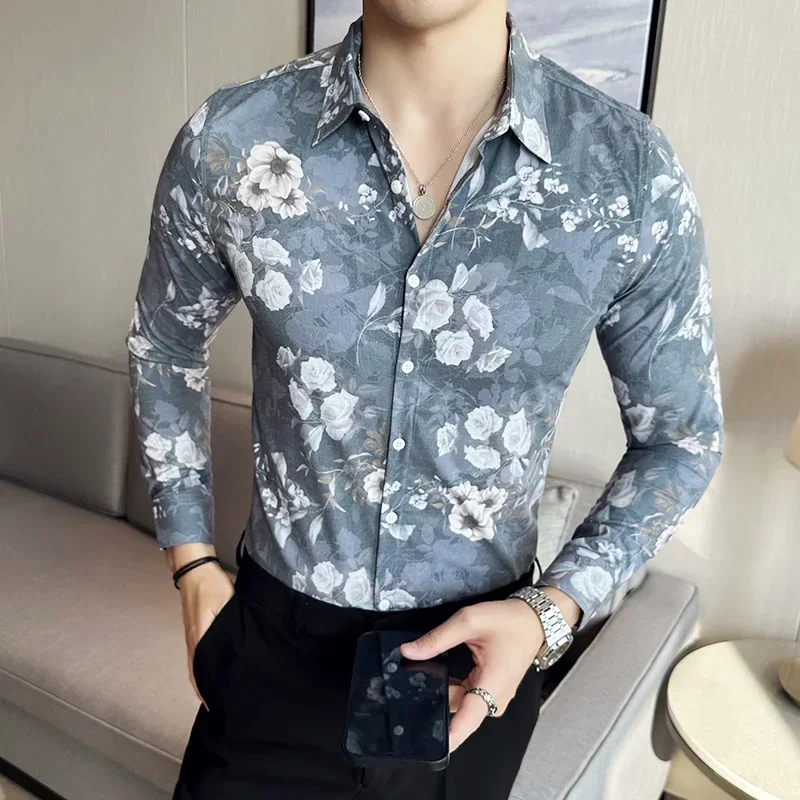 

British Floral Shirt for Men Long Sleeve Slim Fit Casual Shirts Fashion Business Formal Dress Shirts Social Party Tuxedo Blouse