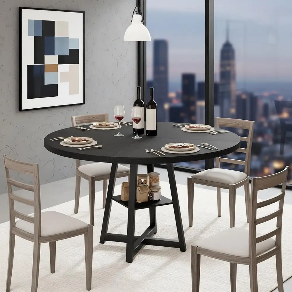Wooden Top Metal Base Round Dining Table, 47 Inch Kitchen Table for 4, Dining Room Living Room Furniture with Storage