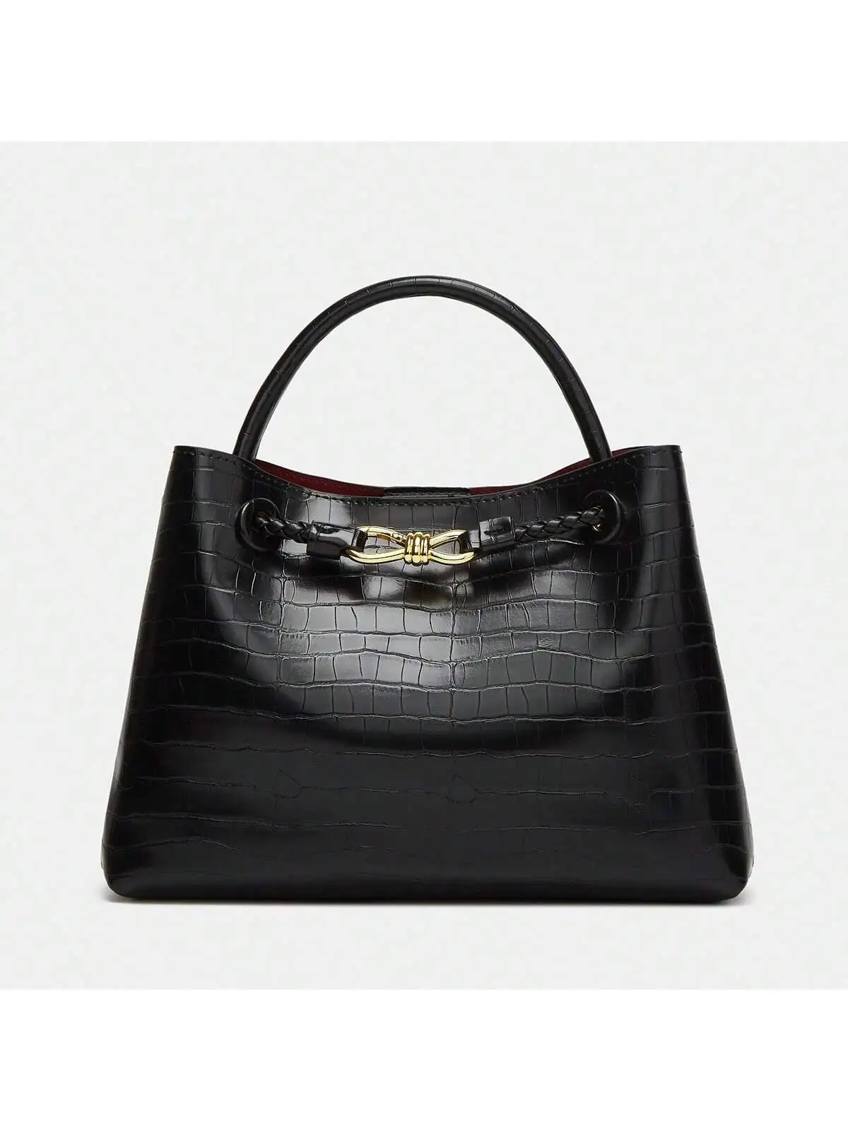 Black Stone-Patterned Handbag with Gold Rope Knot Buckle, Light Luxury Commuter Bag, 23cm Medium-Sized Phone Storage Bag, Three-Dimensional Design for Easy Access, Suitable for Daily Use in the Workplace and Outings, Versatile and Formal-Looking Shoulder and Crossbody Bag